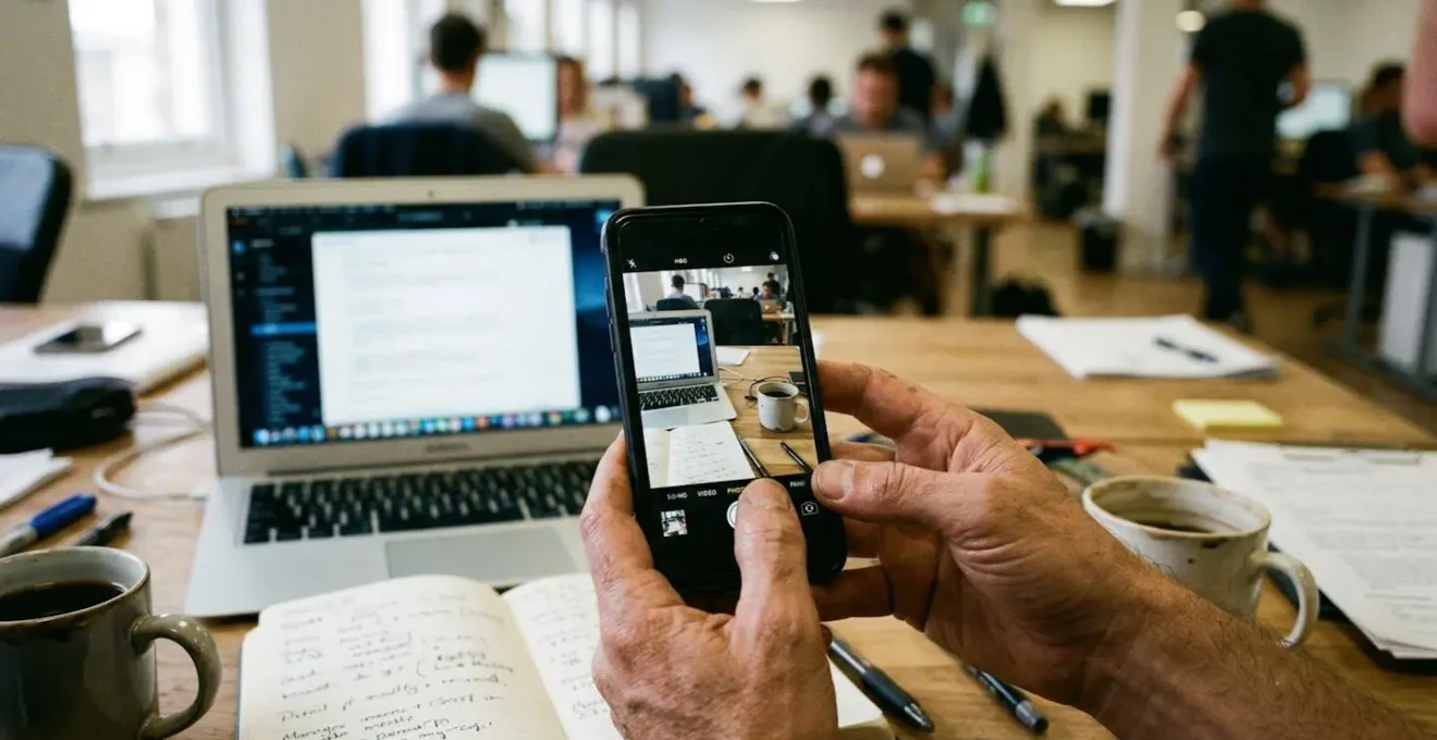 Mains tenant un smartphone en train de filmer une scène de travail, avec un écran d'ordinateur flouté en arrière-plan