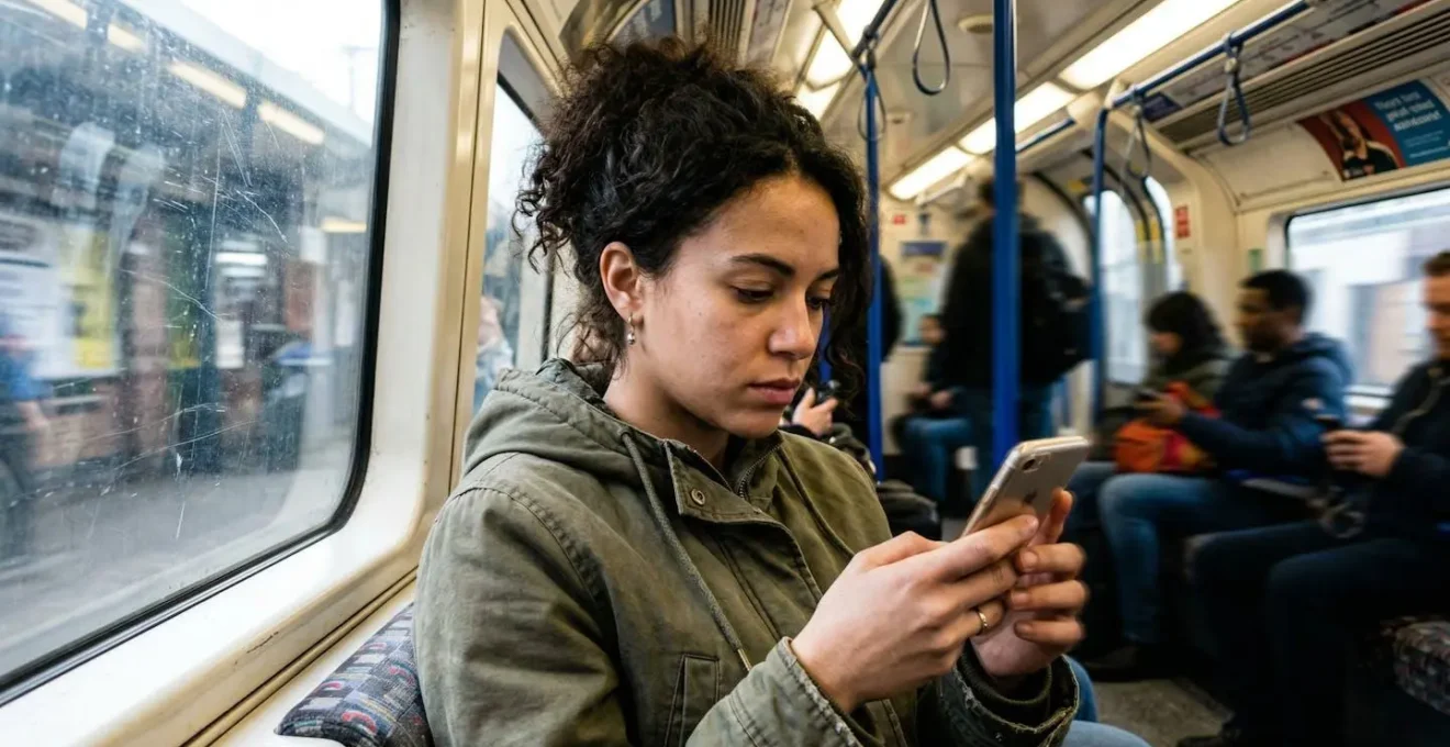 Personne assise dans un transport en commun regardant son téléphone avec une expression concentrée, lumière naturelle de fenêtre