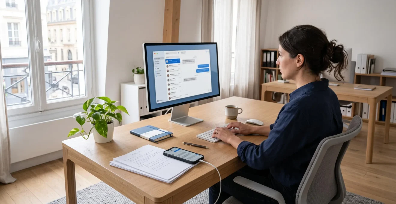 Bureau moderne avec écran d'ordinateur affichant une interface de plateforme SMS professionnelle