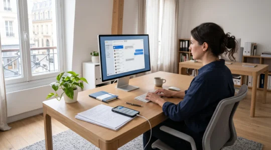 Bureau moderne avec écran d'ordinateur affichant une interface de plateforme SMS professionnelle