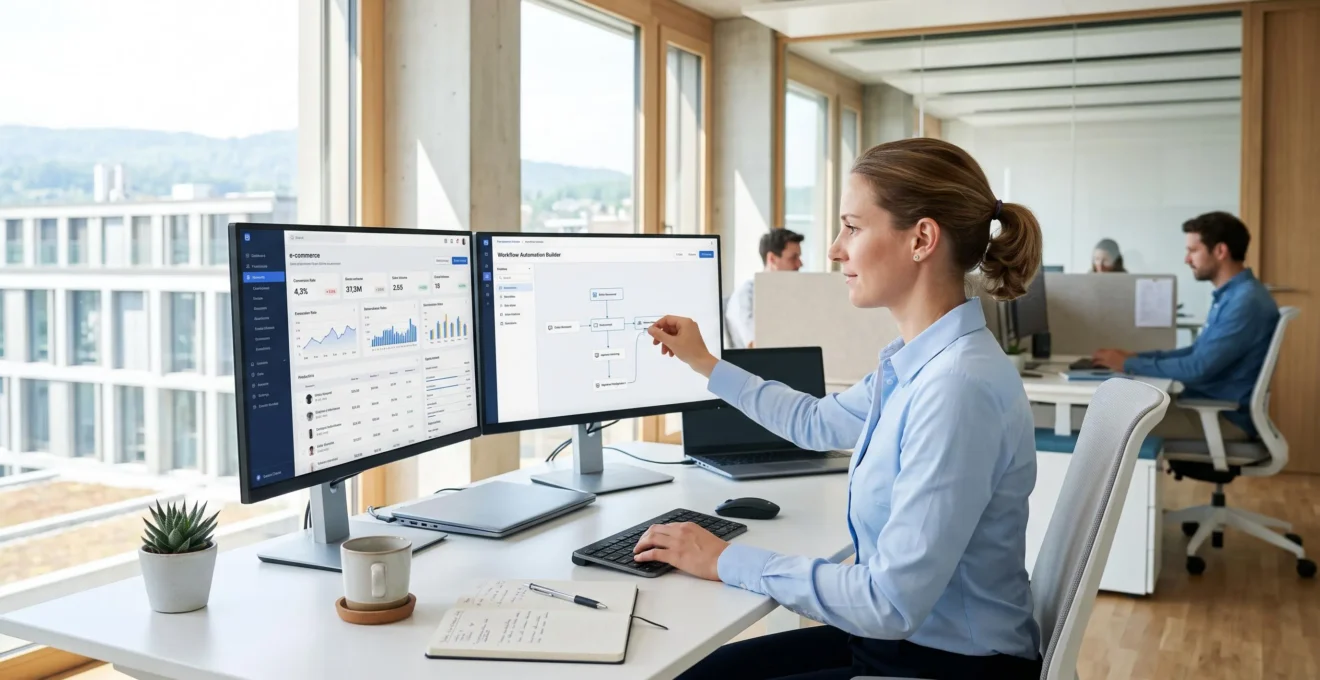 Responsable e-commerce configurant des workflows automatisés sur double écran dans un bureau moderne et lumineux
