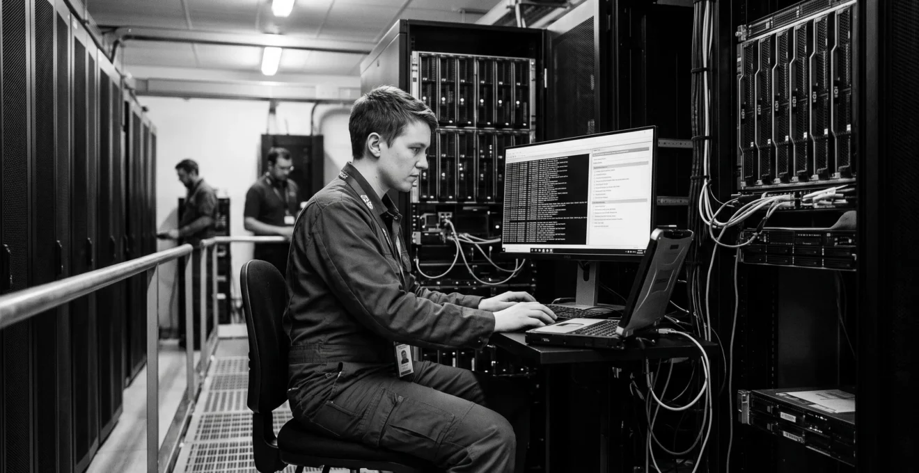 Technicien effectuant des vérifications de conformité sur infrastructure serveur dans un centre de données moderne